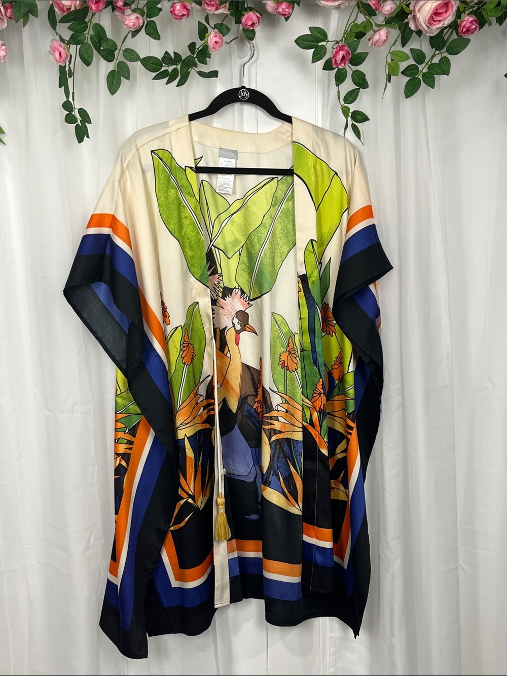 Chicos Bird of Paradise Kimono L/XL Green Blue Side Vents Tassel Tie NWOT